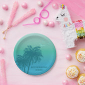 Aqua Blue Tropical Palm Trees Happy Birthday Pappteller (Party)