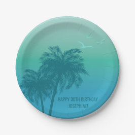 Aqua Blue Tropical Palm Trees Happy Birthday Pappteller
