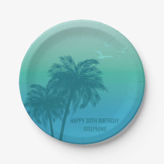 Aqua Blue Tropical Palm Trees Happy Birthday Pappteller (Vorderseite)