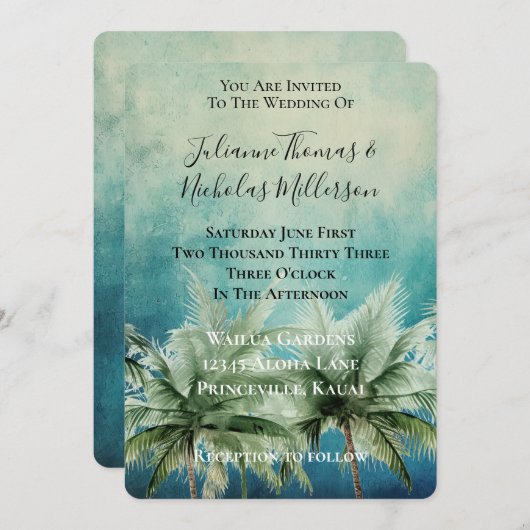 Aqua Blue Tropical Palm Trees Wedding Einladung (Vorne/Hinten)