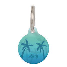Aqua Blue Tropical Palmen mit Individuelle Name Haustiermarke