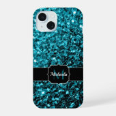 Aqua Blue Türkise Imitate Glitzer Glitzern Monogra iPhone 15 Hülle (Rückseite)