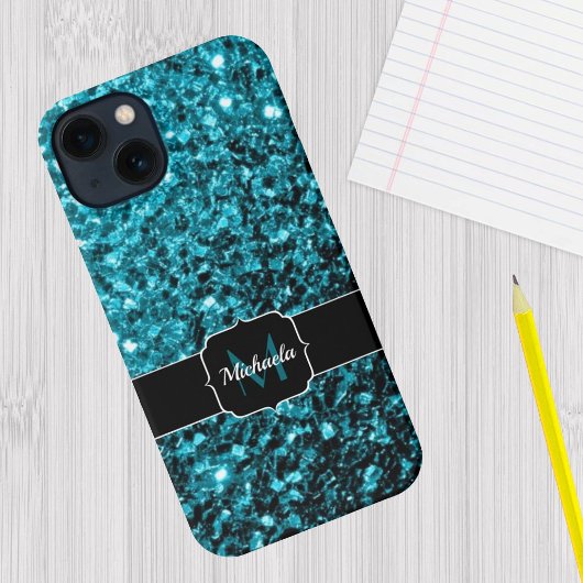 Aqua Blue Türkise Imitate Glitzer Glitzern Monogra iPhone 15 Hülle