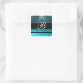 AQUA BLUE TURQUOISE AQUAMARINE DAMASK MONOGRAMM QUADRATISCHER AUFKLEBER (Tasche)
