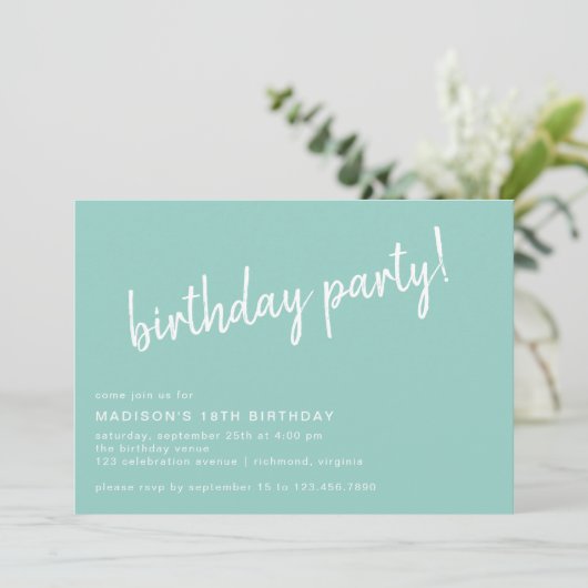 Aqua Blue Turquoise Lässiges Skript jedes Alter Ge Einladung (Stehend Vorderseite)