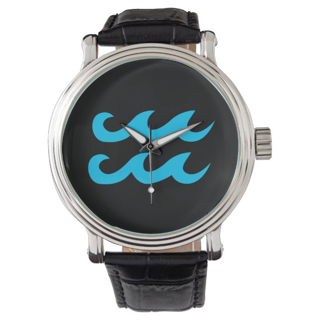 Aqua Blue und Black Aquarius Symbol Armbanduhr (Vorderseite)