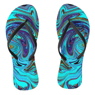 Aqua Blue und Black Groovy Abstraktes Retro Kunst, Badesandalen