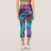 Aqua Blue und Black Groovy Abstraktes Retro Kunst, Capri Leggings (Rückseite)