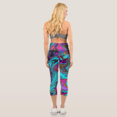 Aqua Blue und Black Groovy Abstraktes Retro Kunst, Capri Leggings (Rückseite)