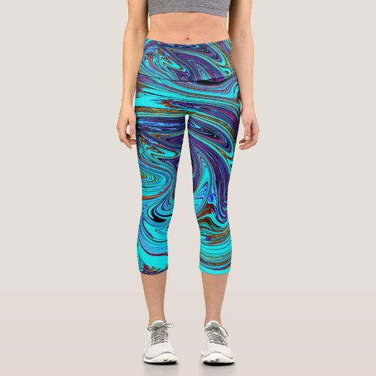 Aqua Blue und Black Groovy Abstraktes Retro Kunst, Capri Leggings (Vorderseite)