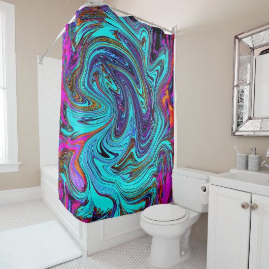 Aqua Blue und Black Groovy Abstraktes Retro Kunst, Duschvorhang (Beispiel)