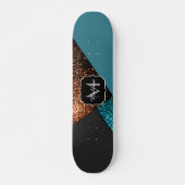 Aqua Blue und Bronze Glitzern Moderne Monogram Skateboard (Vorne)