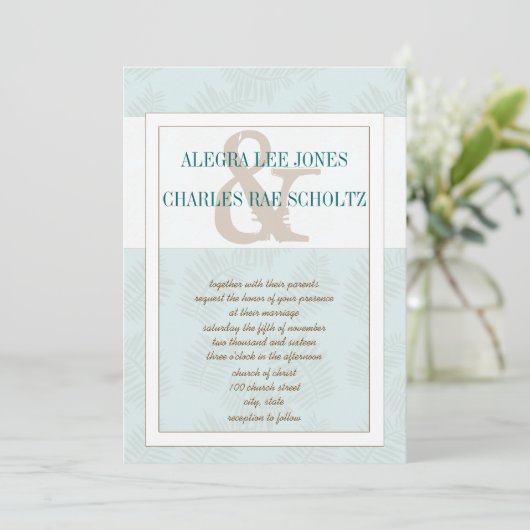 Aqua Blue und Brown Blätter Hochzeit Einladung (Stehend Vorderseite)