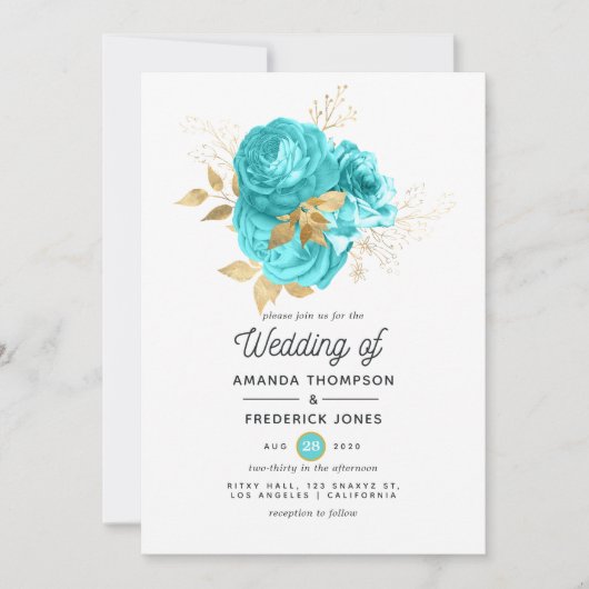 Aqua Blue und Gold Floral Wedding Einladung (Vorderseite)