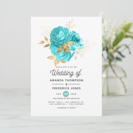 Aqua Blue und Gold Floral Wedding Einladung (Stehend Vorderseite)