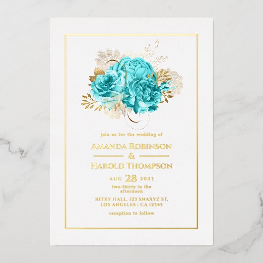 Aqua Blue und Gold Floral Wedding Folieneinladung (Vorderseite)