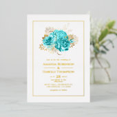 Aqua Blue und Gold Floral Wedding Folieneinladung (Stehend vorne)