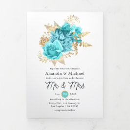 Aqua Blue und Gold Floral Wedding Foto Dreifach Gefaltete Einladung