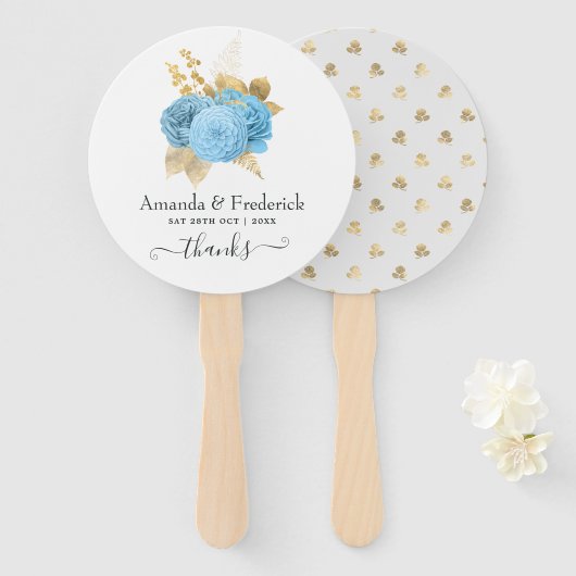 Aqua Blue und Gold Floral Wedding Hand Fan Fächer (Vorne und Hinten)