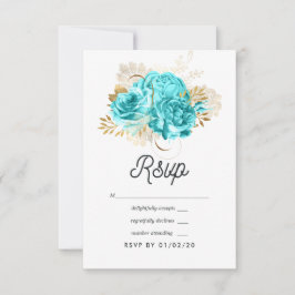 Aqua Blue und Gold Floral Wedding RSVP Karte