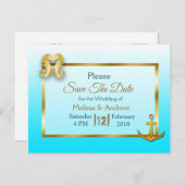 Aqua Blue und Gold Save the Date Postkarten (Vorne/Hinten)