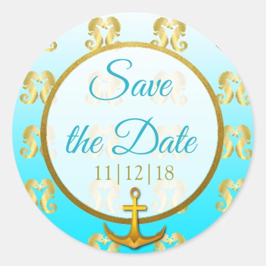 Aqua Blue und Gold Seepferd Save the Date Stickers (Vorderseite)