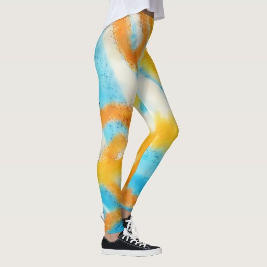 Aqua Blue und Gold Wasserfarben Leggings (Rechts)