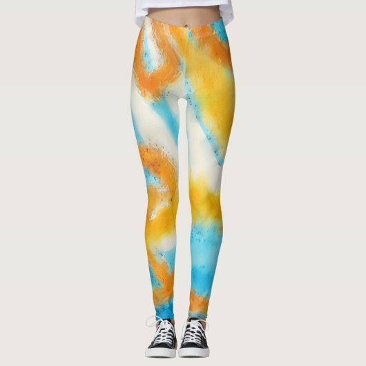 Aqua Blue und Gold Wasserfarben Leggings (Vorderseite)