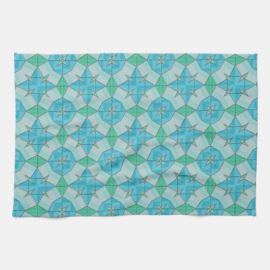Aqua Blue und Green Geometric Tiled Pattern Handtuch (Horizontal)