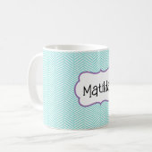 Aqua Blue und Lavender Lila Zickzack Name Kaffeetasse (Vorderseite Links)