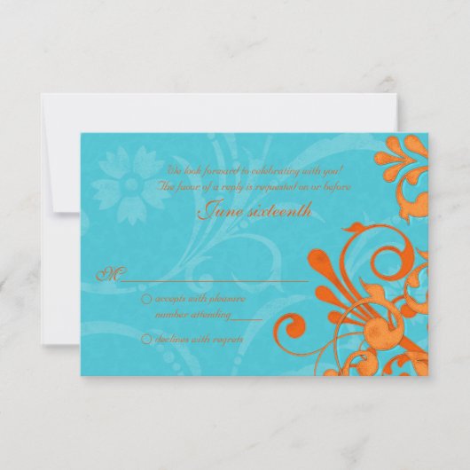 Aqua Blue und Orange Abstrakt Floral Response Card RSVP Karte (Vorderseite)