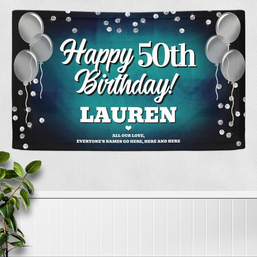 Aqua Blue und Silver Happy Birthday Banner