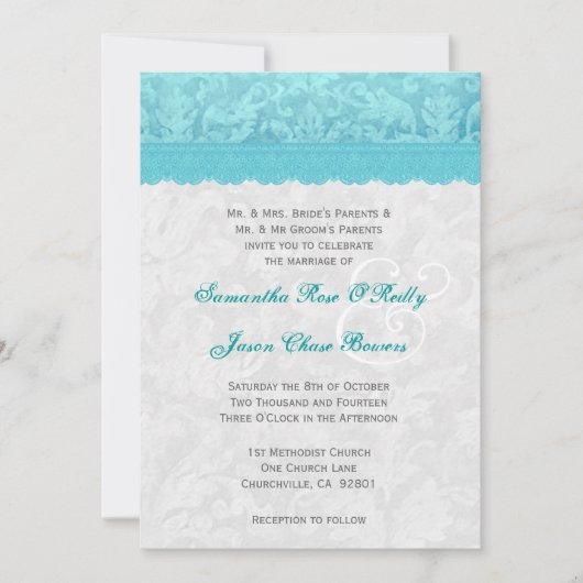 Aqua Blue und Silver Wedding Lace V200 Einladung (Vorderseite)