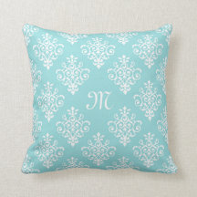 Aqua Blue und White Damask mit Monogram