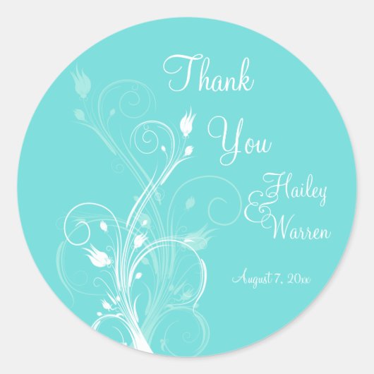 Aqua Blue und White Floral Gastgeschenk Hochzeit Runder Aufkleber (Vorderseite)