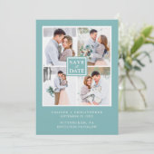 Aqua Blue und White Foto Collage Save the Date (Stehend Vorderseite)