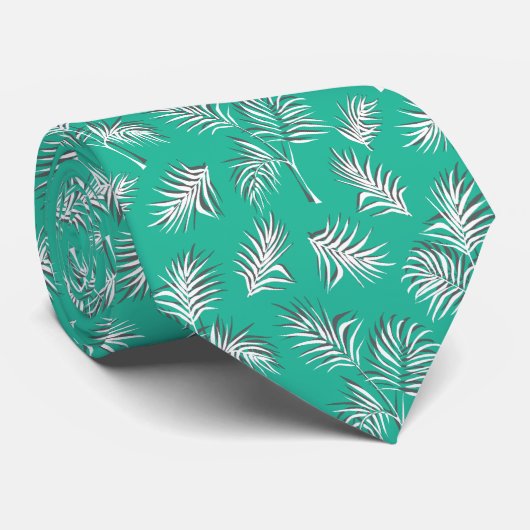 Aqua Blue und White Tropical Palm Print Krawatte (Gerollt)