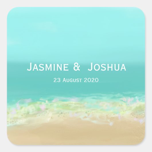 Aqua Blue Water/bemalte Strandküste personalisiere Quadratischer Aufkleber (Vorderseite)