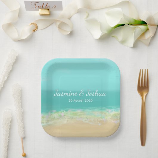 Aqua blue water/painted beach seashore pappteller (Hochzeit)
