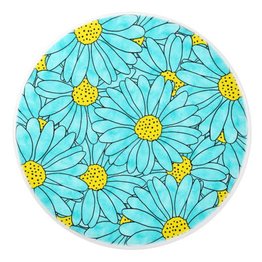 Aqua Blue Watercolor Daisy Pattern Keramikknauf (Vorderseite)
