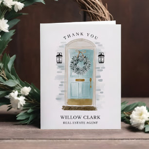 Aqua Blue Watercolor Front Door & Wreath Vielen Da Dankeskarte