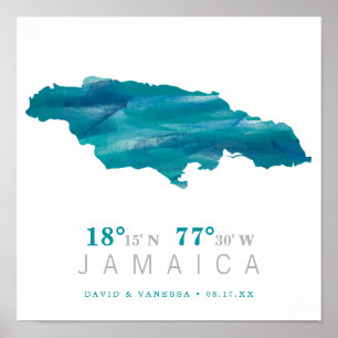Aqua Blue Watercolor JAMAICA Karte Koordinaten Poster