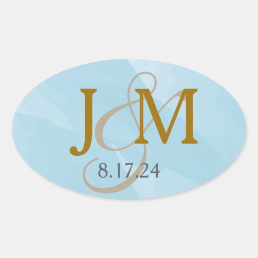 Aqua Blue Watercolor Monogram Label Ovaler Aufkleber (Vorderseite)