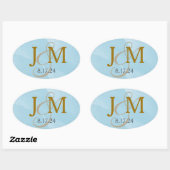 Aqua Blue Watercolor Monogram Label Ovaler Aufkleber (Blatt)