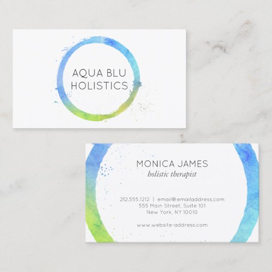 Aqua Blue Watercolor Painted Circle Logo Visitenkarte (Vorne/Hinten)