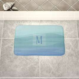 Aqua Blue Watercolor Waves Monogram Bath Mat Badematte