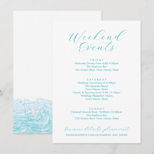 Aqua Blue Weekend Events Ocean Waves Beach Hochzei Begleitkarte (Vorne/Hinten)