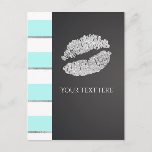 Aqua Blue & Weiße Faux-Silber-Schimmer-Lippen-Even Postkarte