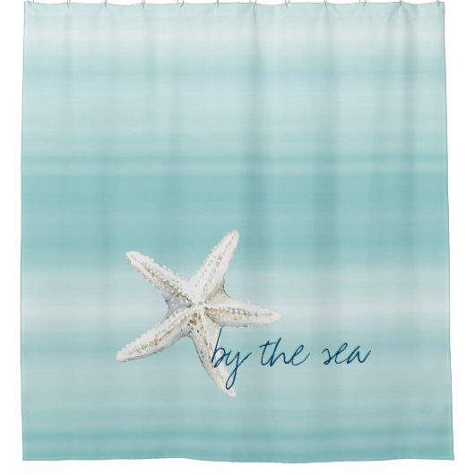 Aqua Blue White Beach Starfish Duschvorhang (Vorderseite)
