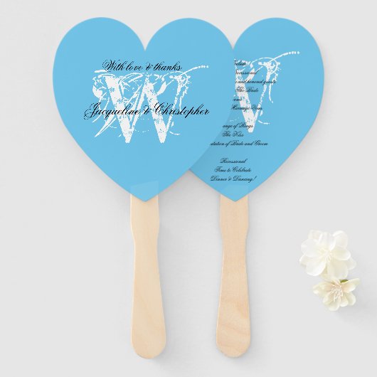 Aqua Blue & White Chic Monogram Wedding Program Fächer (Vorne und Hinten)